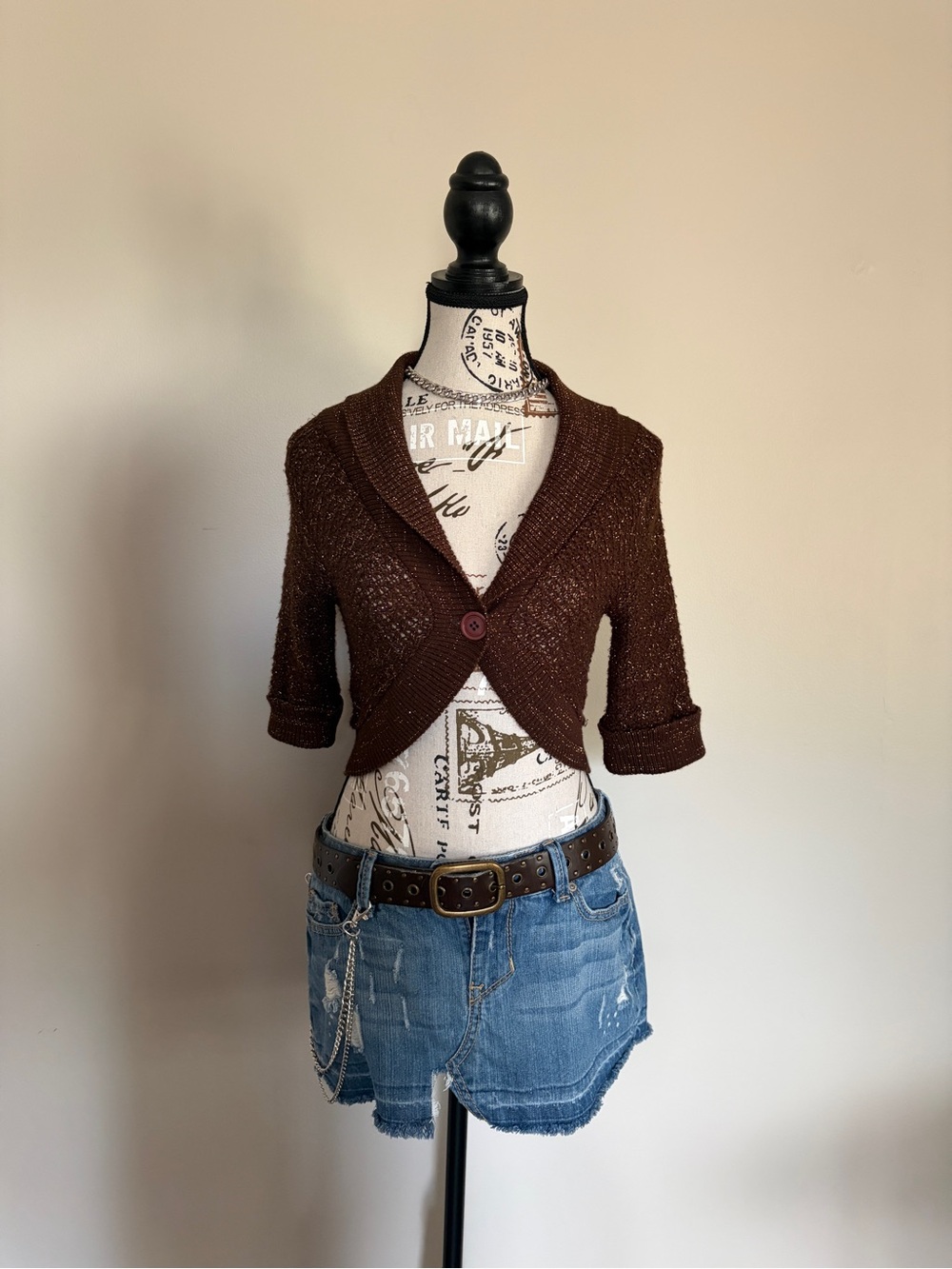 Y2K Vintage Sweet Babisita Brown Boho Whimsigoth Sparkly Knit Crop Bolero Shrug